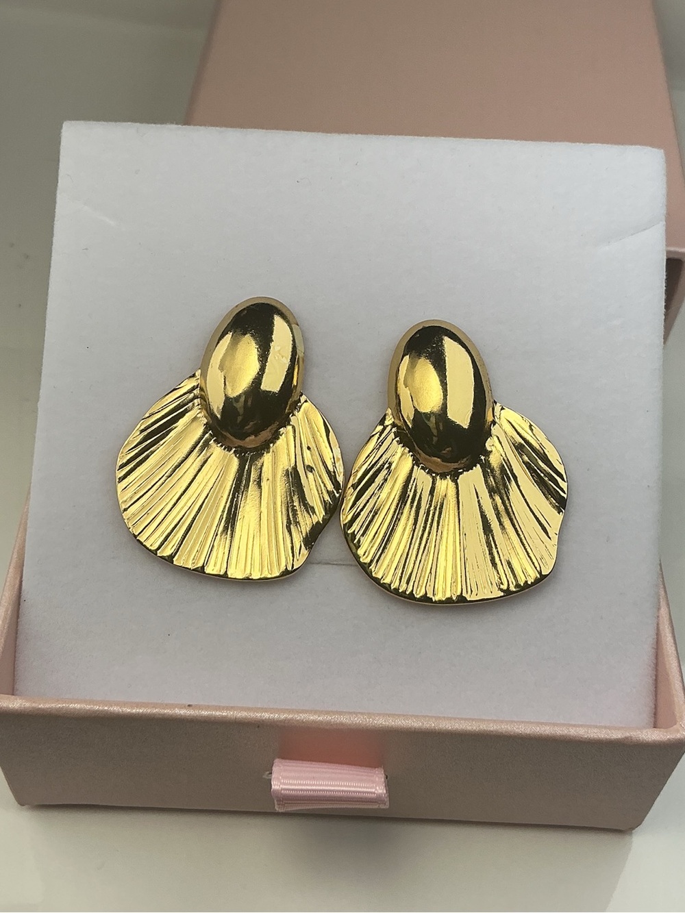 Gold Stainless Steel Shell Statement Earrings Textured Fan Studs